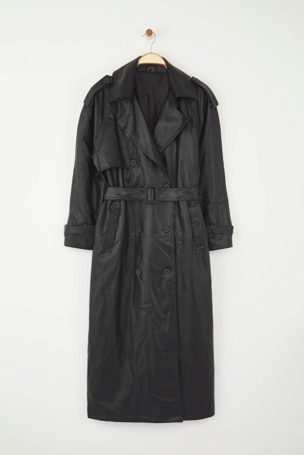 Siyah Kemerli Suni Deri Oversize Uzun Trençkot TWOAW25TR00003 - 5