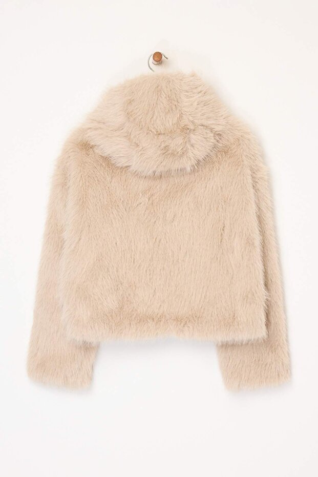 Beżowy oversize'owy wzór futrzany płaszcz z kapturem TWOAW26MO00025 - 7