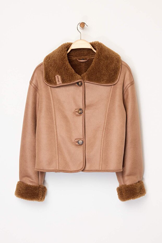 Camel Oversize Kalıp Peluş Detaylı Süet Mont TWOAW26MO00073 - 6