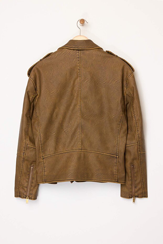 Kahverengi Oversize Kalıp Yıkama Efekctli Suni Deri Biker İnce Ceket Mont TWOAW25MO00010 - 15