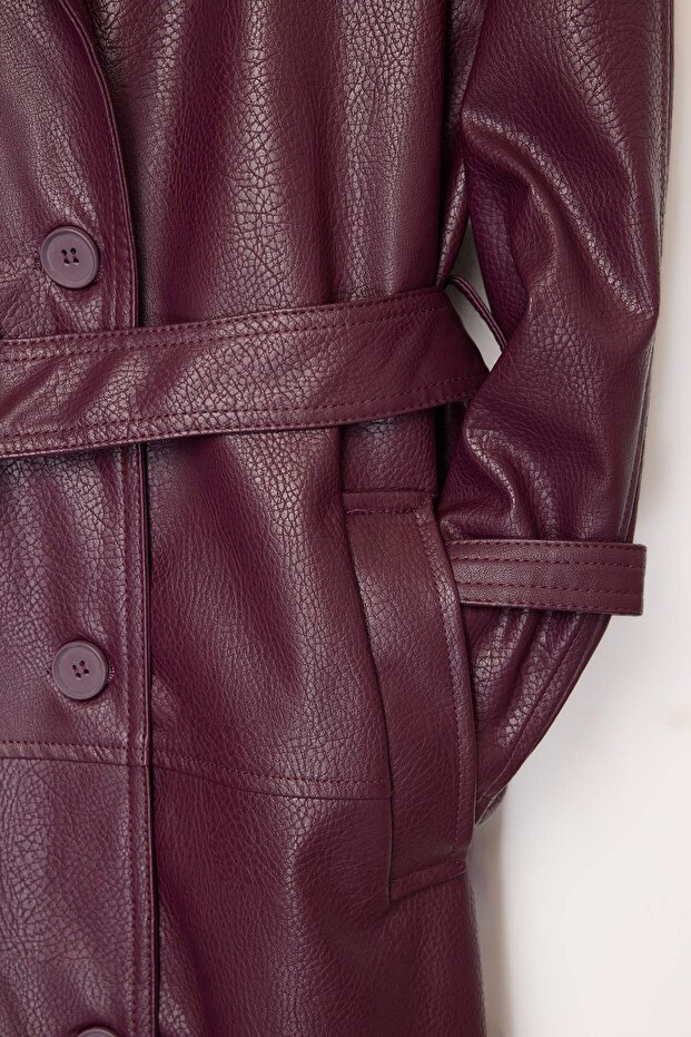 Bordo Kemerli Suni Deri Oversize Uzun Trençkot TWOAW25TR00003 - 6