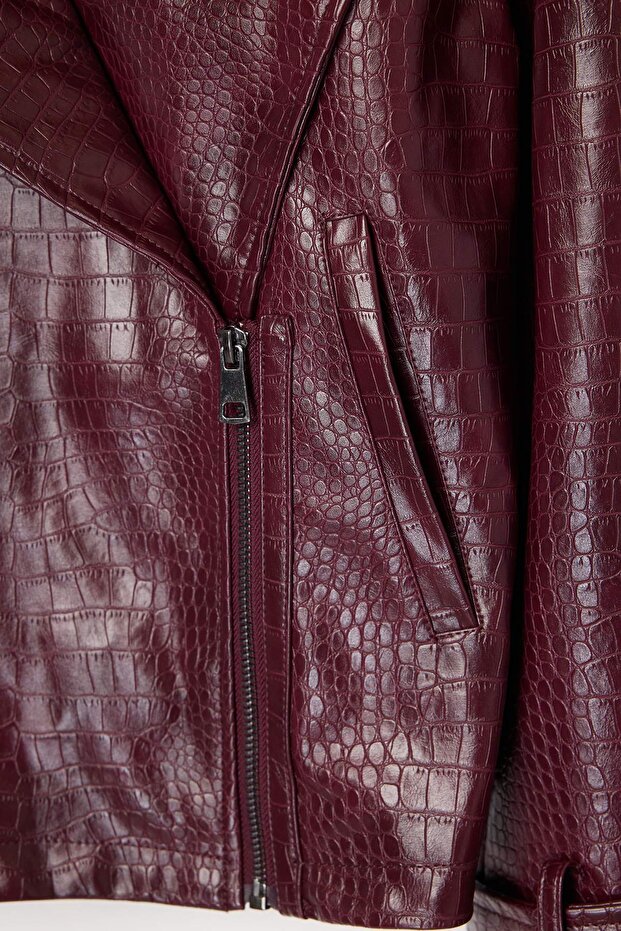 Bordo Regular Kalıp Suni Deri Biker İnce Ceket Mont TWOAW26MO00003 - 6