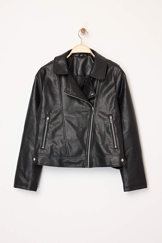 Siyah Fitted Kalıp Suni Deri Biker İnce Ceket Mont TWOAW26MO00083 - 5