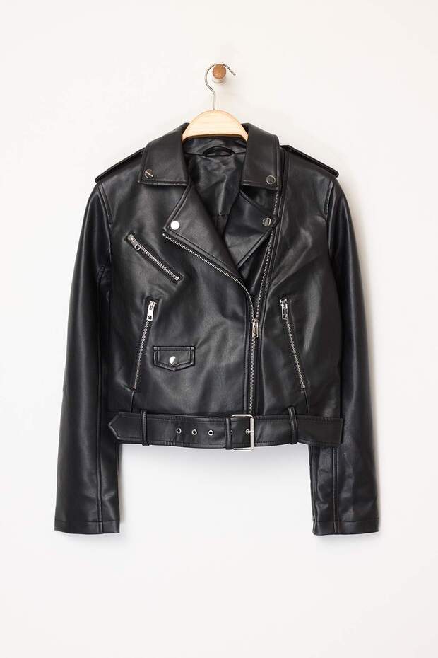 Siyah Regular Kalıp Suni Deri Biker İnce Ceket Mont TWOAW25MO00002 - 8