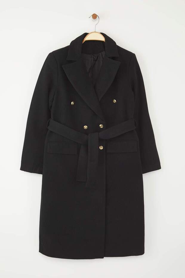 Fekete arany gomb részletes duplasoros testhezálló Midi kabát TWOAW26KB00017 - 7