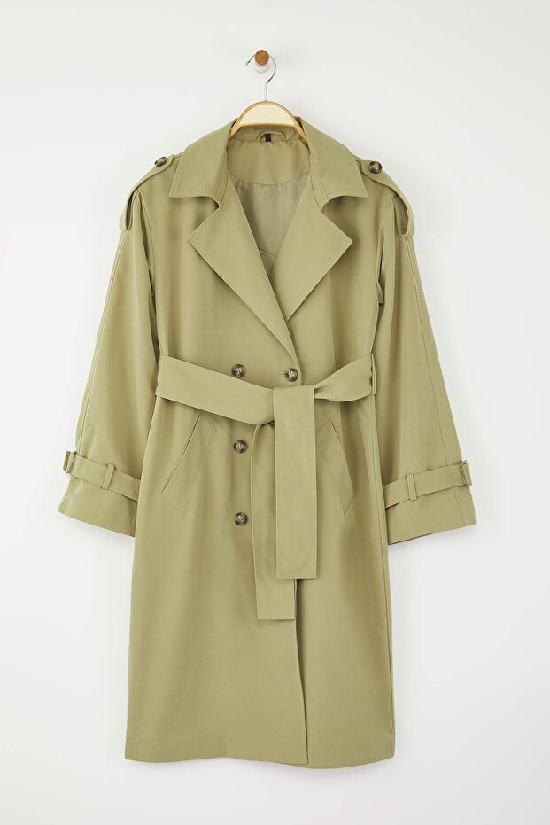Lehký khaki dvouřadý oversize dlouhý trenčkot TWOAW26TR00010 - 11