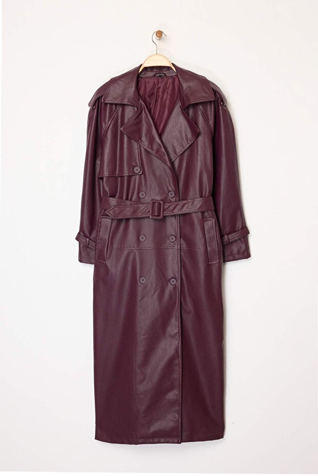 Bordo Kemerli Suni Deri Oversize Uzun Trençkot TWOAW25TR00003 - 5