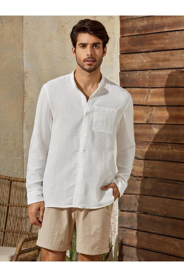 Men's Shirt Relax Fit Single Pocket Judge Collar (White)