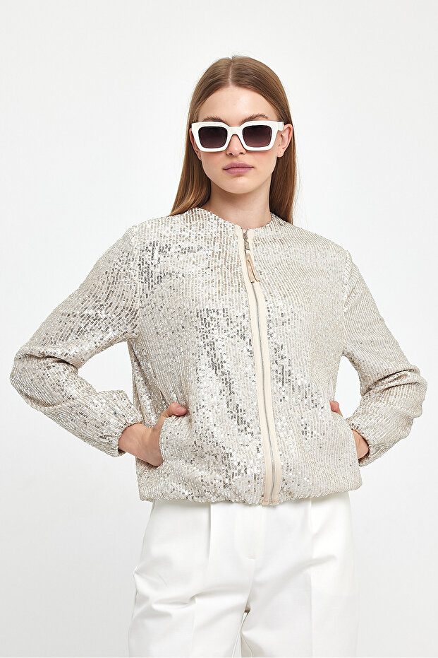 Payetli Bomber Bej Ceket - 5