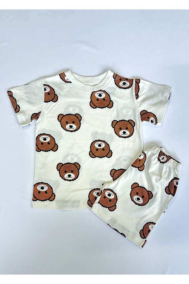 Anne Çocuk Kombin Pijama Takımı K.kahve Ayıcık Desen Kısakol Şort (TEK TEK SATILMAKTADIR) - 3