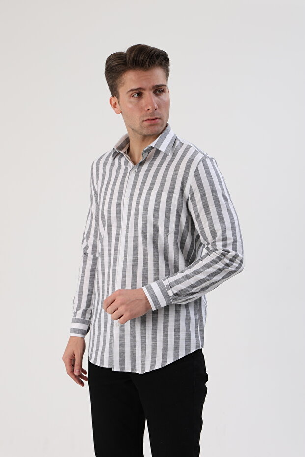 Men's Shirt Regular Fit Linen Look with Pockets 100% Cotton (Black)