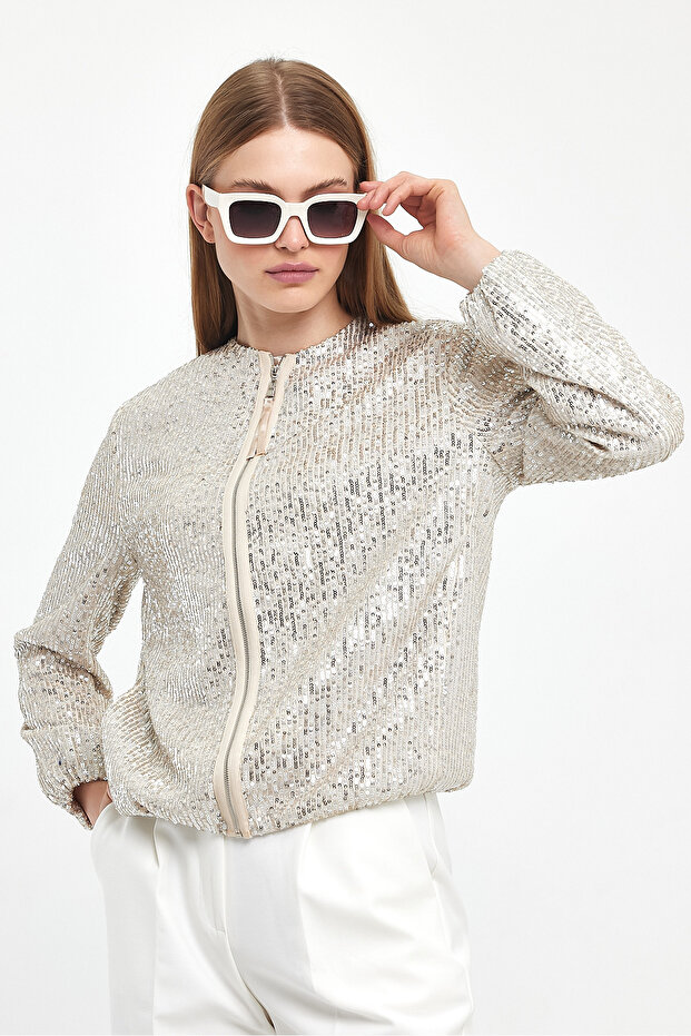 Payetli Bomber Bej Ceket - 1