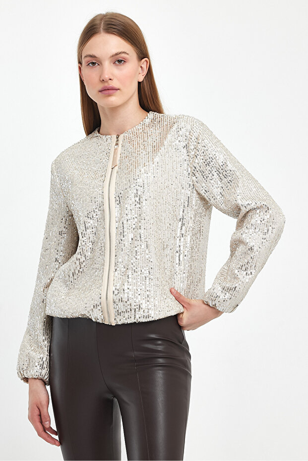 Payetli Bomber Bej Ceket - 3