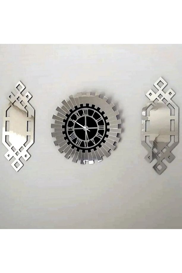 Dekoratif Modern Gümüş Renk Tablo Duvar Saati 3 'lü Set 80x50 cm - 4
