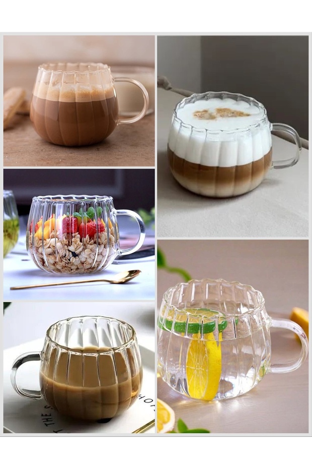 Set of 6 Pinterest Coffee Glasses - Auger Shaped Borosilicate Glasses with Handles 250 ml