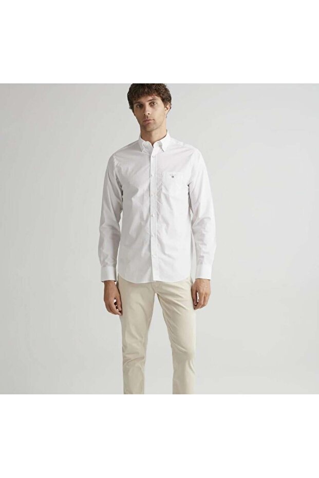 Erkek Beyaz Regular Fit Düğmeli Yaka Broadcloth Gömlek - 3