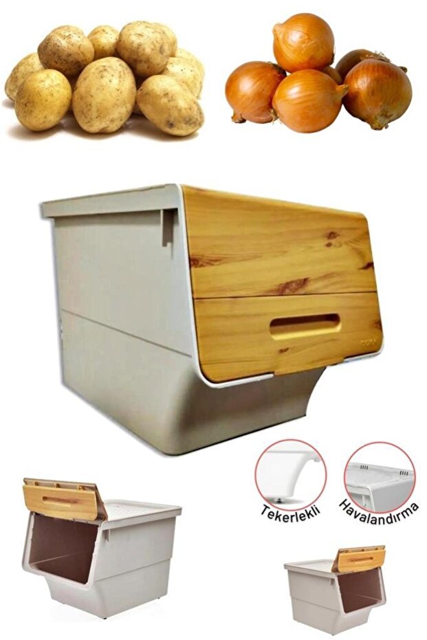 Motek Bamboo Potato Holder Onion Holder Wheeled Multi-Purpose Organizer 1X12Liter-With Bamboo Lid