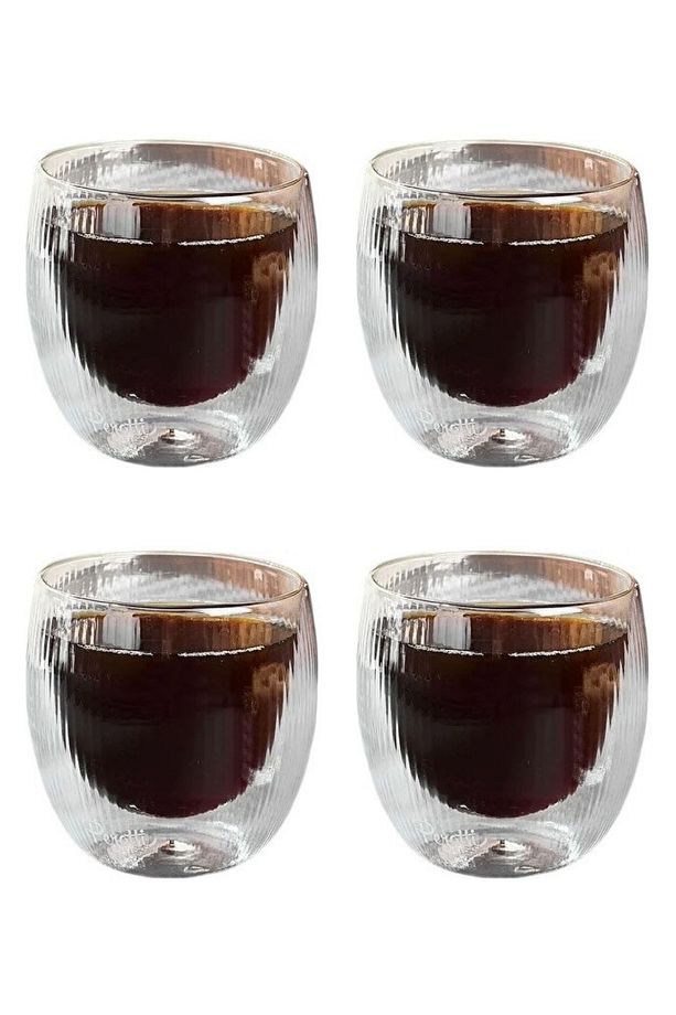 Çift Cidarlı Çizgili Cam, Kahve, Latte, Espresso, Meşrubat 250 ml Bardak Seti 4 Adet 2321 - 1