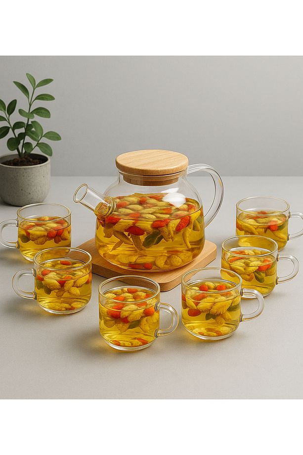 Isıya Dayanıklı 1000 ml Süzgeçli Cam Demlik 6adet Kupa Bardak Borosilikat , - 4