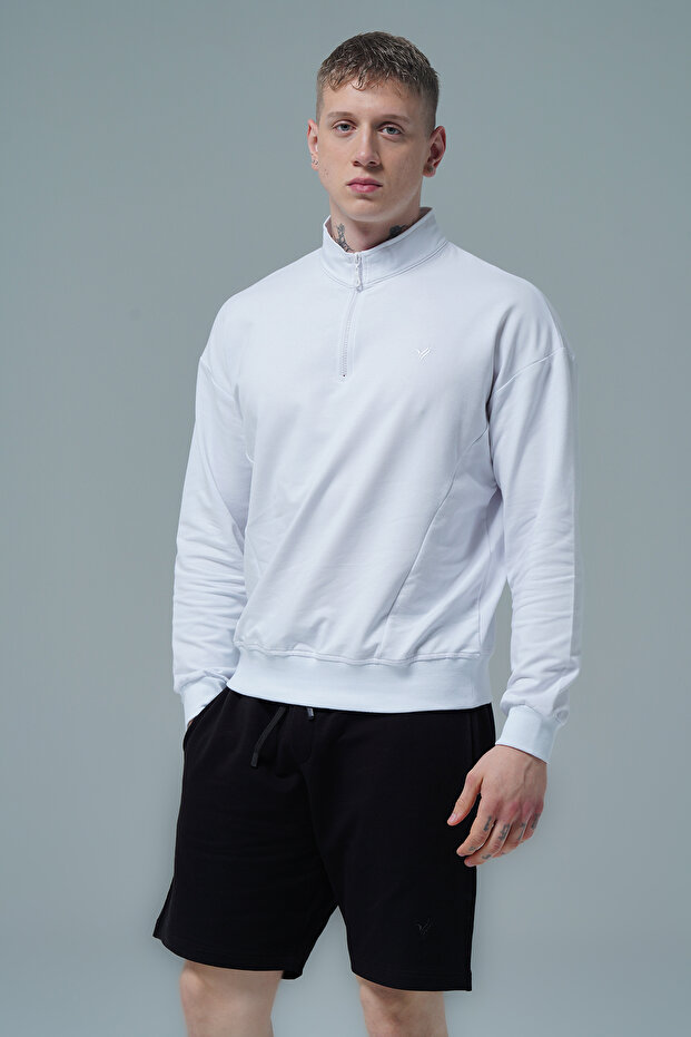 Daily Core - White Half Zipper Cotton Men's Oversize Sweatshirt
