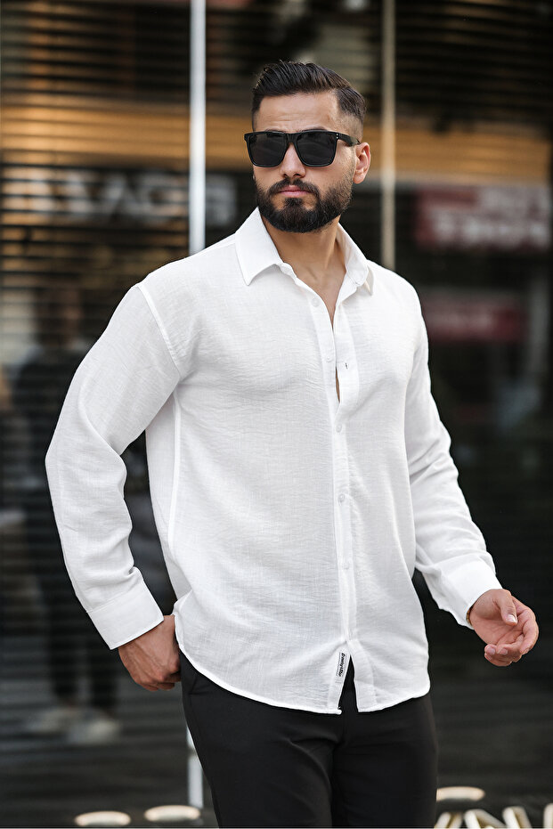 Men's Summer White Ribbed Ottoman Textured Shirt