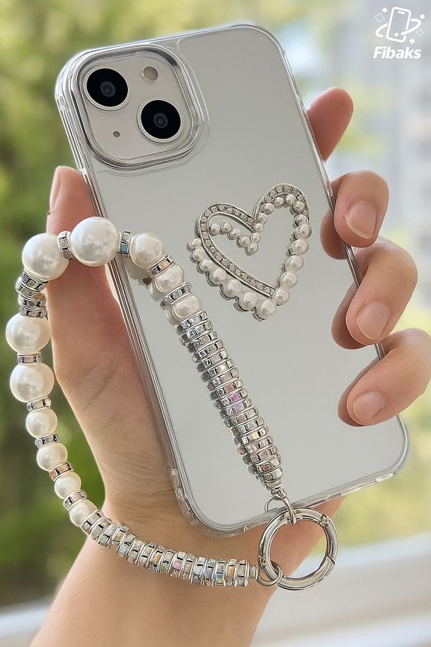 Apple iPhone 13 - 14 - 15 Kılıf Aynalı İnci Charm Askılı Kalp Tasarımlı Desenli Silikon Kapak - 2