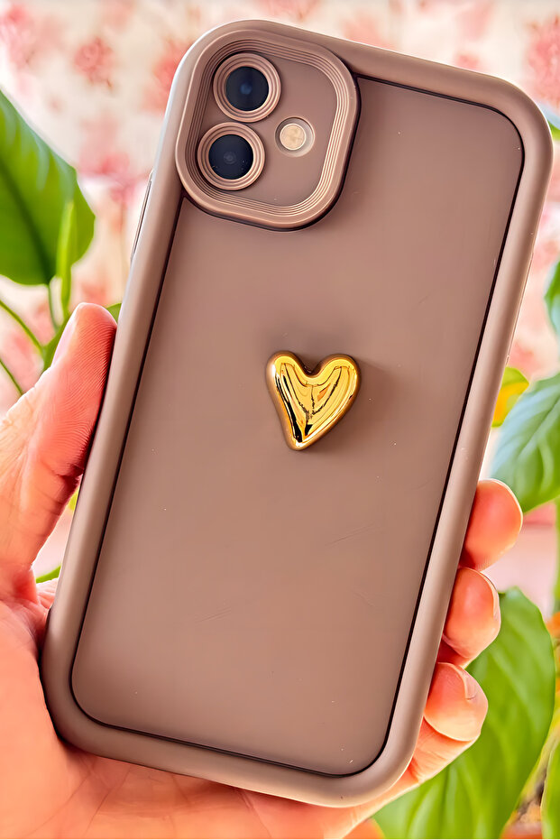 Apple iPhone 16 Plus Case Brown Pattern Soft Camera Protected Cover with 3D Heart Design - 1