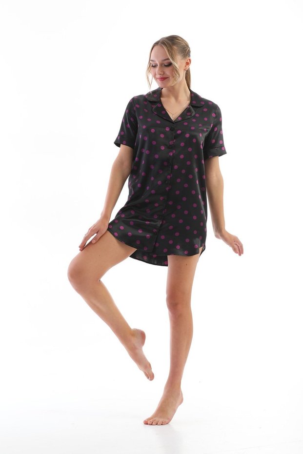 Women's Pink Polka Dot Satin Shirt Nightdress with Buttons, Stylish and Comfortable Home Wear