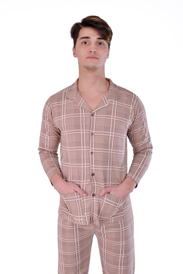 Jacket Collar Front Buttoned Wide Cut Men's Pajama Set