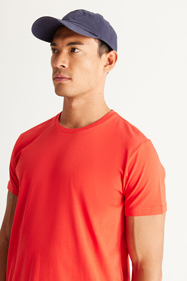 Erkek/unisex Kırmızı %100 Pamuk Slim Fit Dar Kesim Bisiklet Yaka Basic Tişört - 7