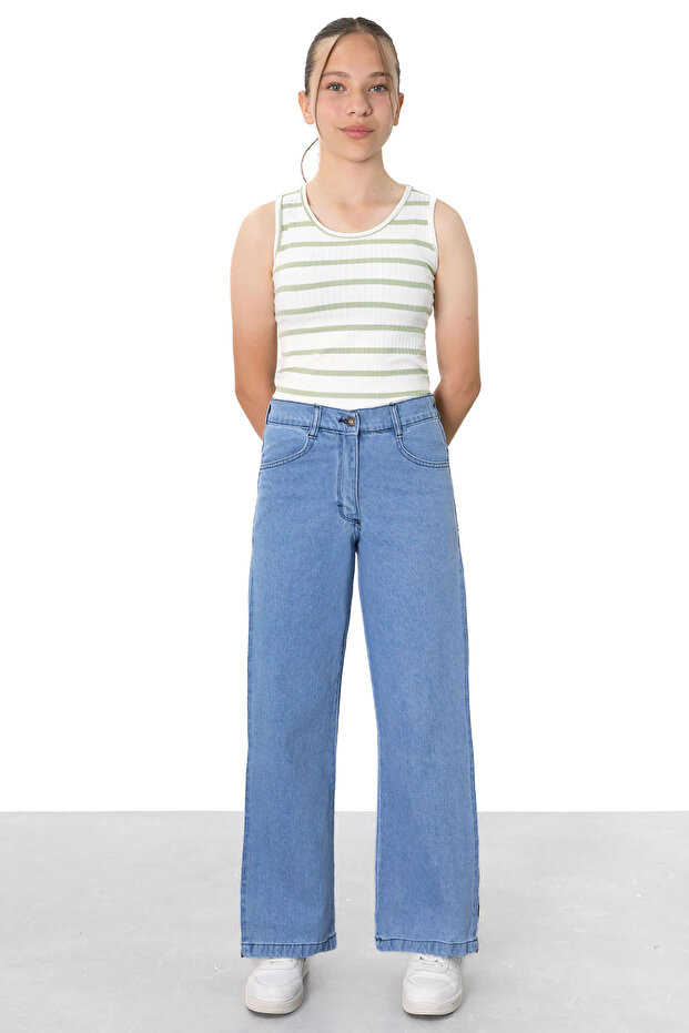 Blue Wide Leg Girl's Jean Trousers with Side Stripes 21124