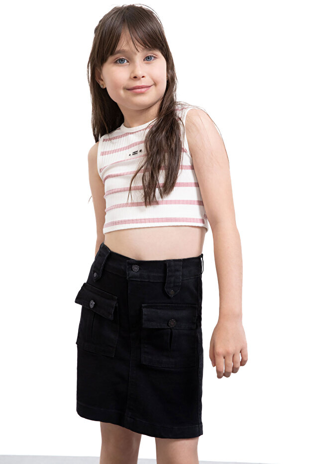 Black Front Pocket Elastic Waist Girl's Jean Shorts Skirt 21120