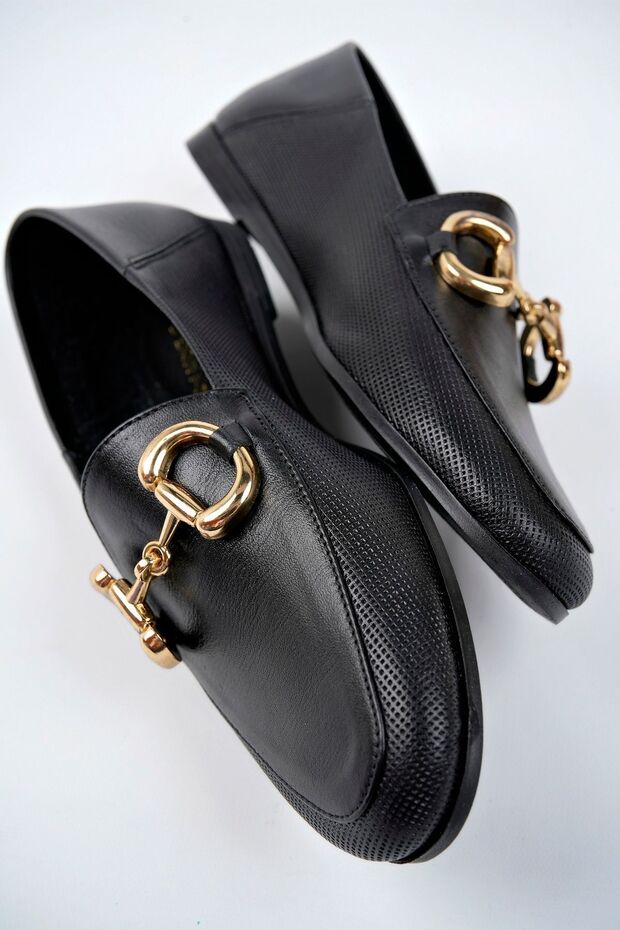 Genuine Leather Printed Black Women's Leather Ballerinas Pcc-F07