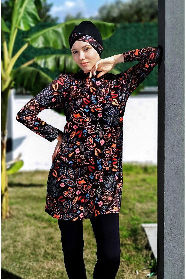 Red Flower Patterned Full Size Lycra Digital Hijab Swimsuit-2416