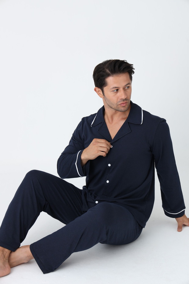 Erkek Uzun Kol Düğmeli Pijama Takım - 1