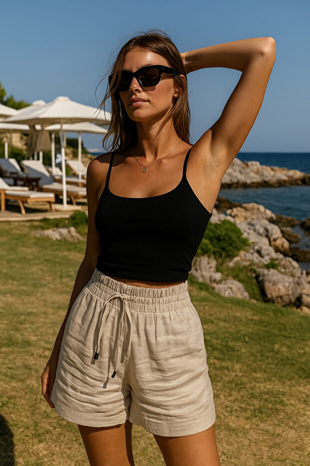Women's Beige Tie Detailed Mini Linen Shorts