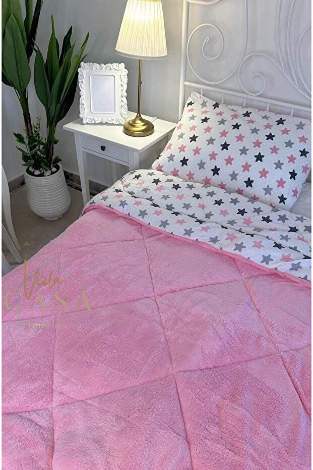 Single Double Sided Welsoft Quilt Pink Big Star