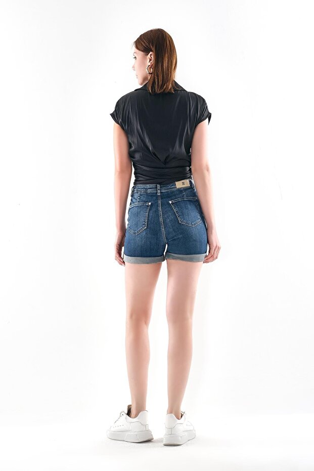 Dikiş Detaylı Jean Şort - 4