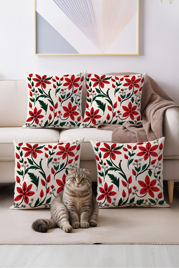 Ottoman Style Red Floral Patterned Set of 4 Decorative Throw Pillow Cases – 43X43 Cm, Washable Fabric