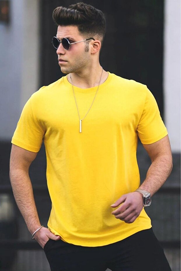 X Serüven 100% Organic Cotton Men's Plain Yellow T-Shirt Regular Fit / Regular Fit