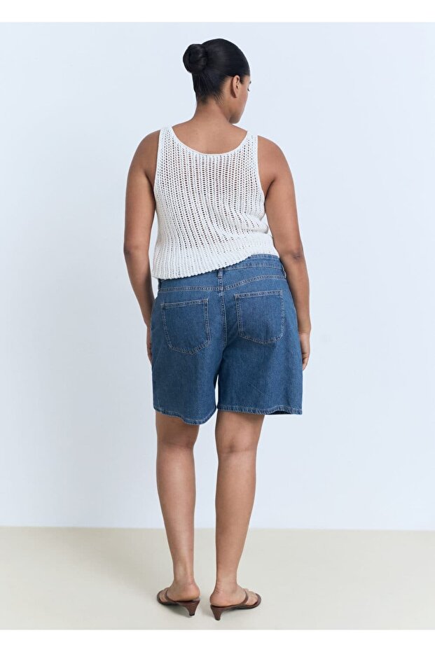 Orta bel pileli denim bermuda şort - 8