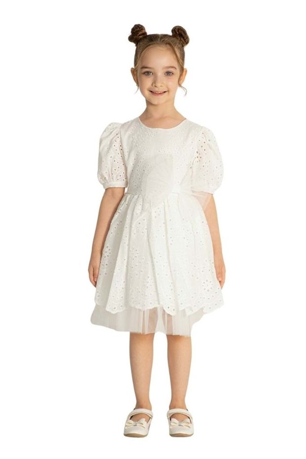 White Scallop Embroidered Puff Sleeve Girl's Dress Special Occasion and Summer Chic