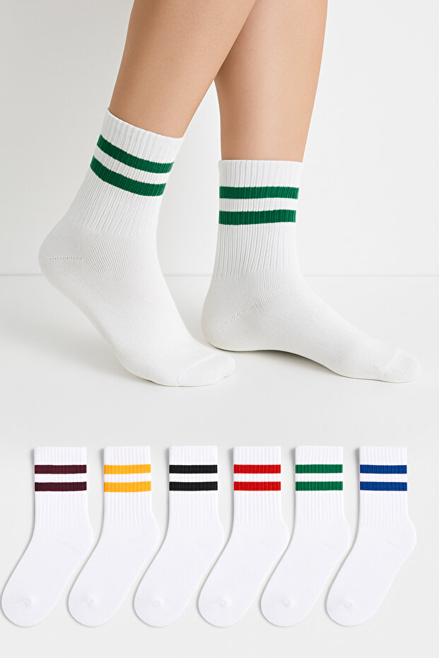Atacık Çorap 6’li Unisex Beyazın Üstüne Farklı Renkli Çizgili Yıkamalı Kolej Tenis Çorap