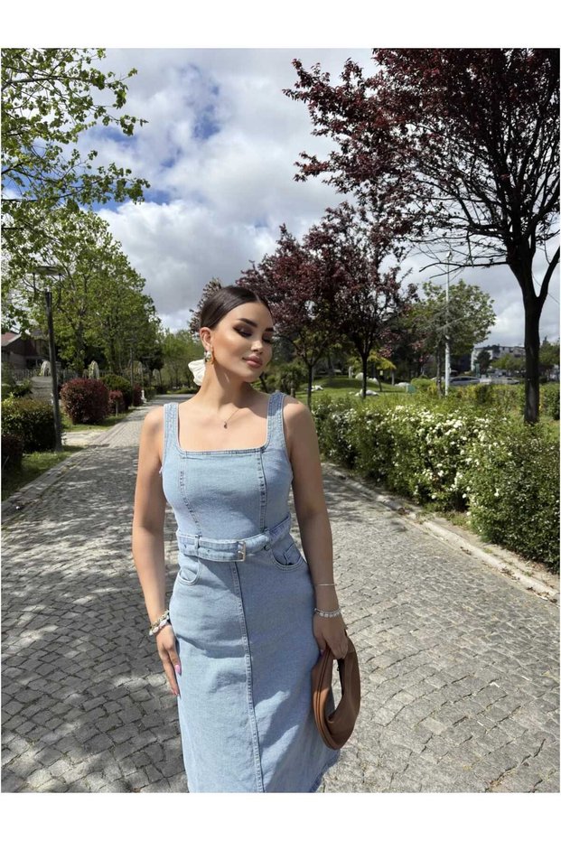 Lycra Denim Dress with Waist Belt