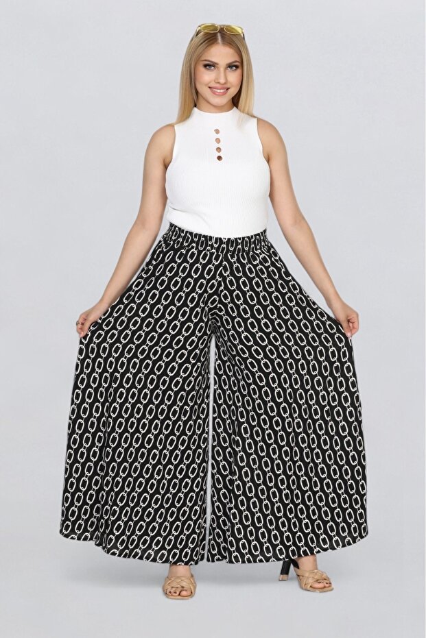 Women's Elastic Waist Patterned Pocket Skirt Trousers