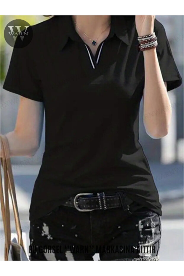 Women's Polo Neck Patched Striped Short Sleeve Body T-Shirt Summer Lycra Tight