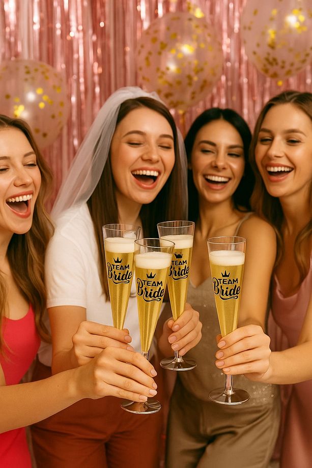 6'lı Logolu Plastik Gümüş Renk Ayaklı Şampanya Kadehi 6 Adet Parti Team Bride Kadeh Seti - 4