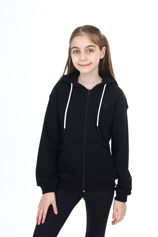 Girl's Hooded Zippered Pockets Off Shoulder Embroidery Printed Knitted Cardigan - 2 Yarn