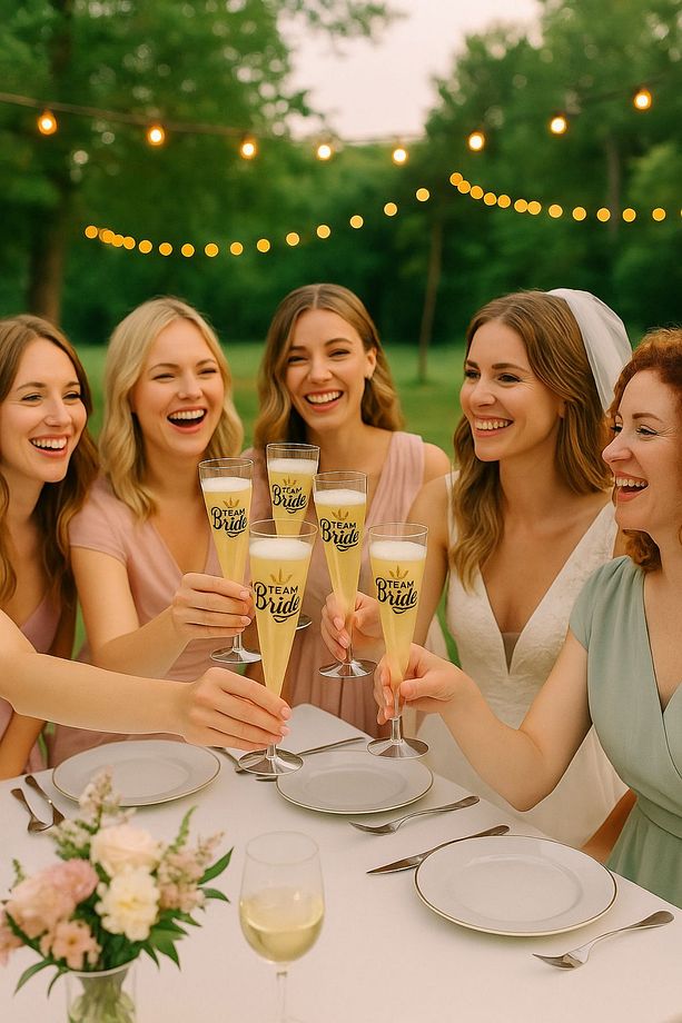 6'lı Logolu Plastik Gümüş Renk Ayaklı Şampanya Kadehi 6 Adet Parti Team Bride Kadeh Seti - 3