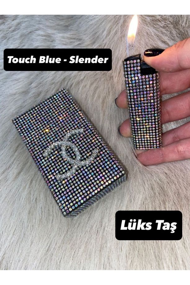 Taşli Sigara Kutusu Ve Çakmak (SLENDER SİGARALAR IÇİN)touch Blue - 1